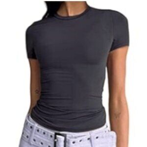 Dwnval Womens Black Short Sleeve Crewneck Slim Fit T-Shirt Medium